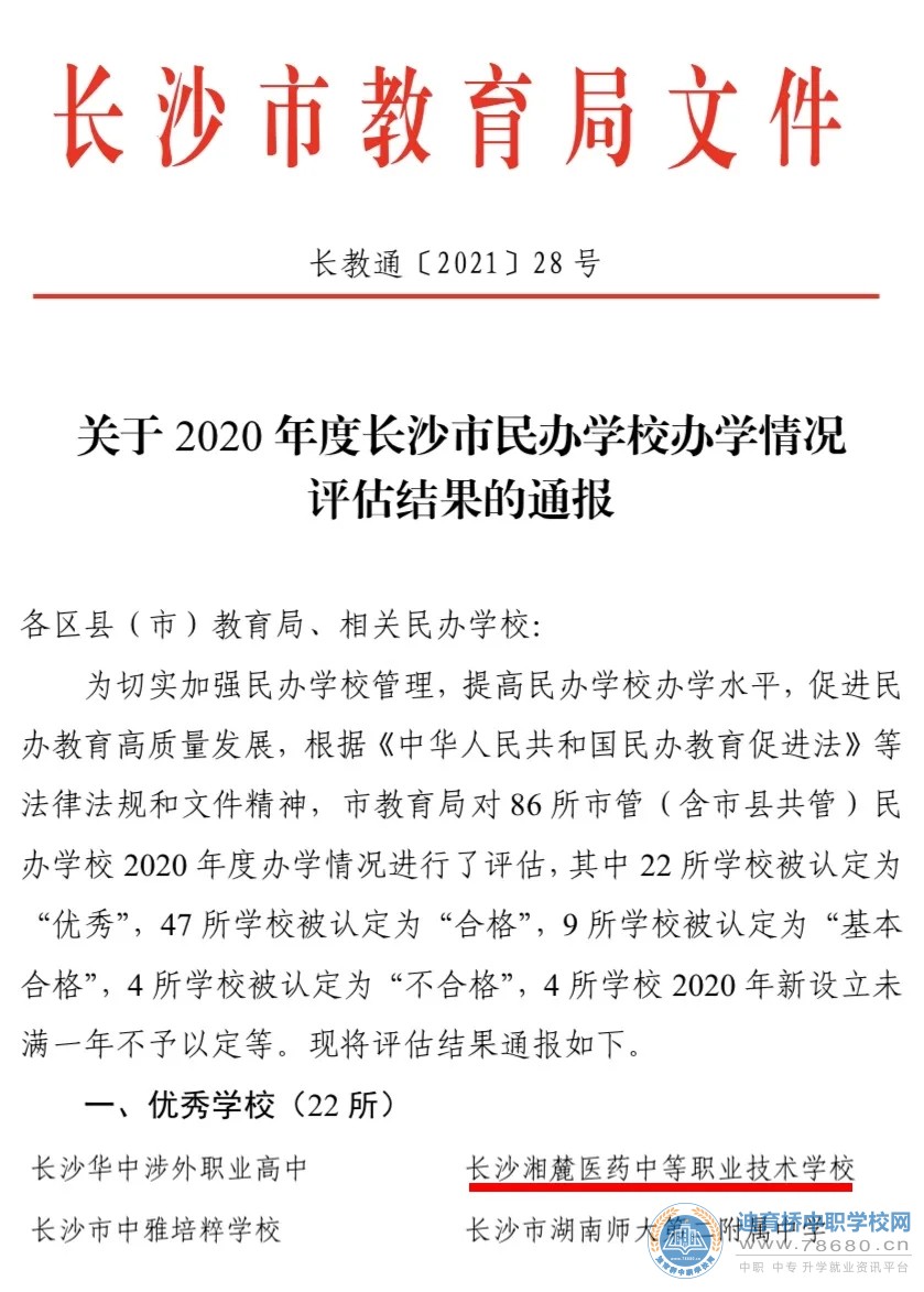 長沙湘麓醫藥中等職業技術學校榮獲長沙市教育局2020年度辦學評估優秀學校
