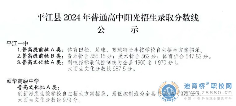 湖南省岳陽市平江縣2024年中考錄取分數線公布